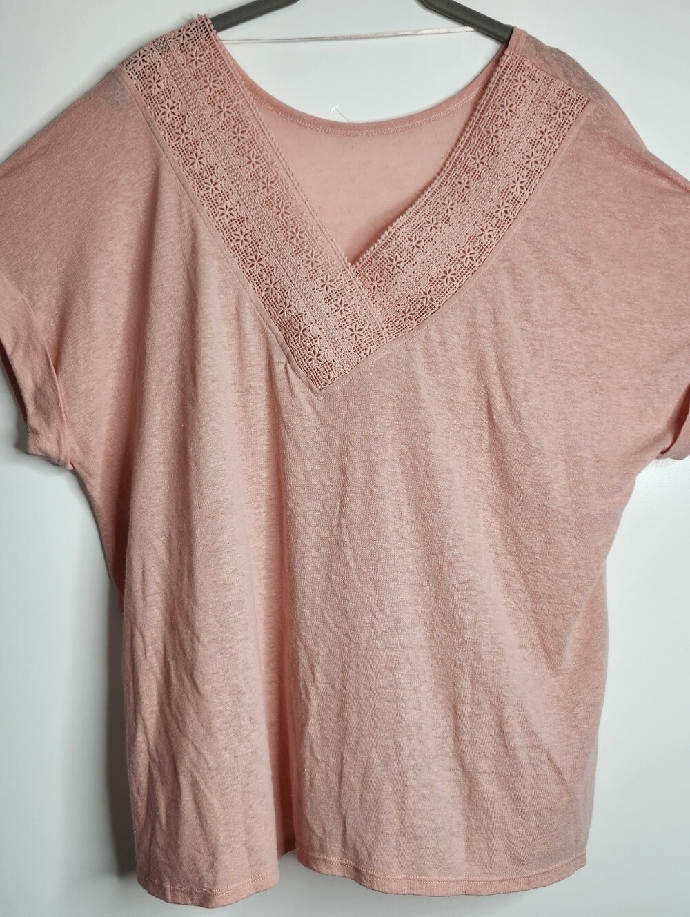Pink Linen Blend Short Sleeve Shirt Womens XL Crochet Vneck Vacation Feminine